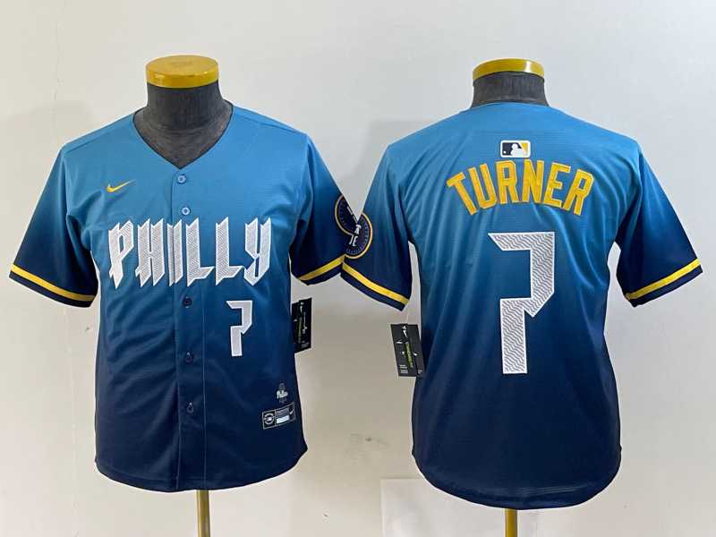 Youth Philadelphia Phillies #7 Trea Turner Number Blue 2024 City Connect Limited Stitched Jerseys->mlb youth jerseys->MLB Jersey